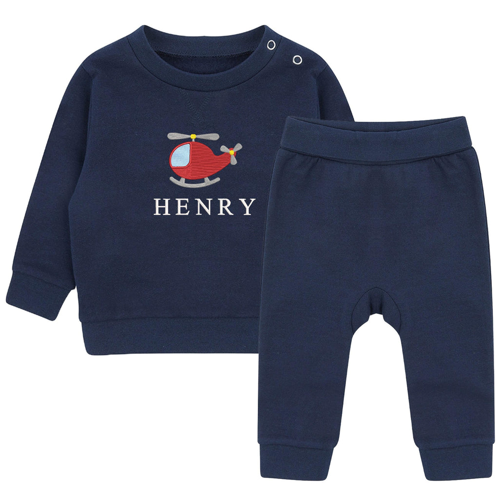 Embroidered Helicopter Personalised Name Boys Sustainable Sweatshirt and Joggers Set Baby Toddler Outfit