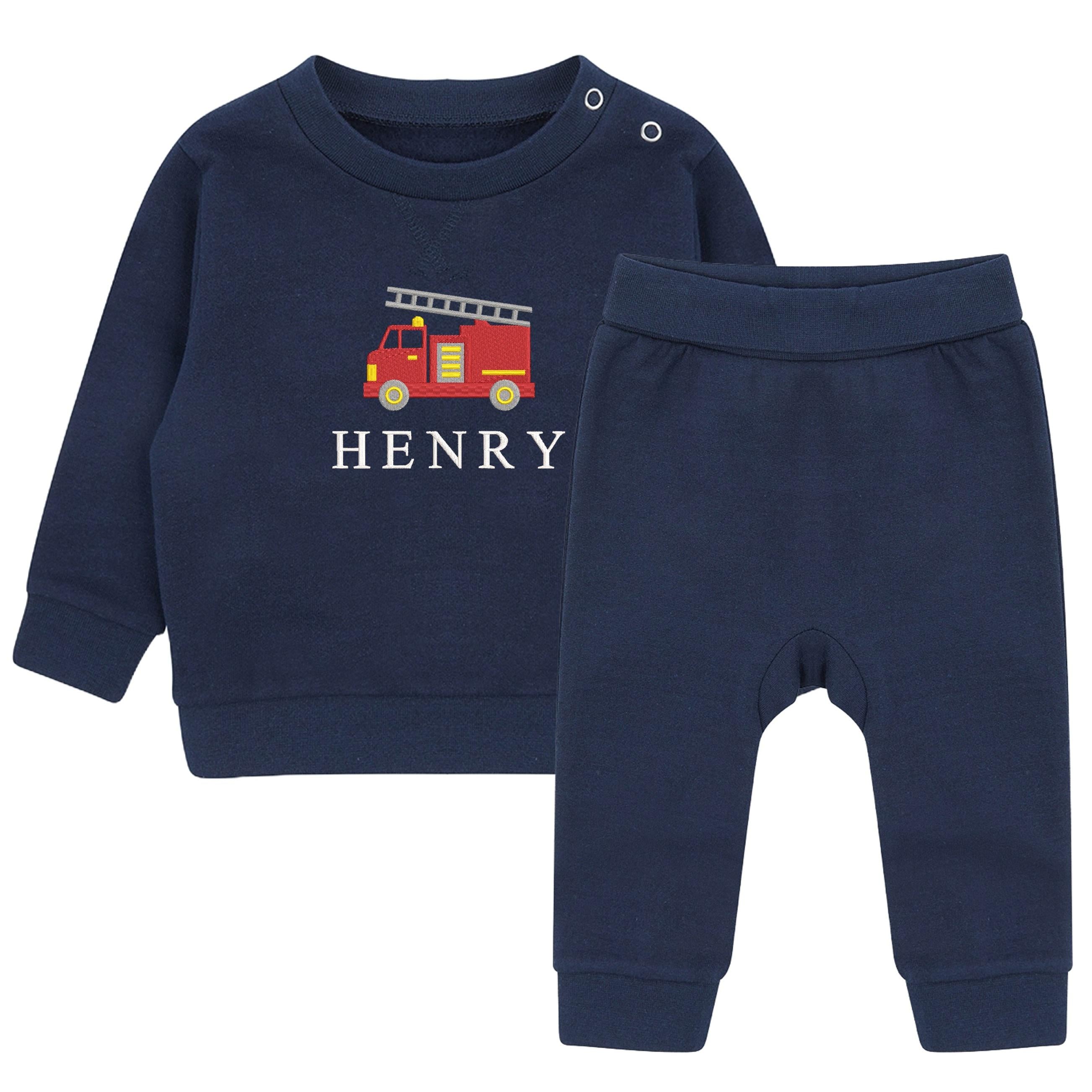 Embroidered Fire Engine Truck Personalised Name Boys Sustainable Sweatshirt and Joggers Set Baby Toddler Outfit