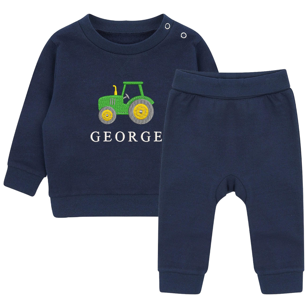 Embroidered Personalised Name Boys Sustainable Sweatshirt and Joggers Set Baby & Toddler Custom Text Tractor Cute Farm Outfit