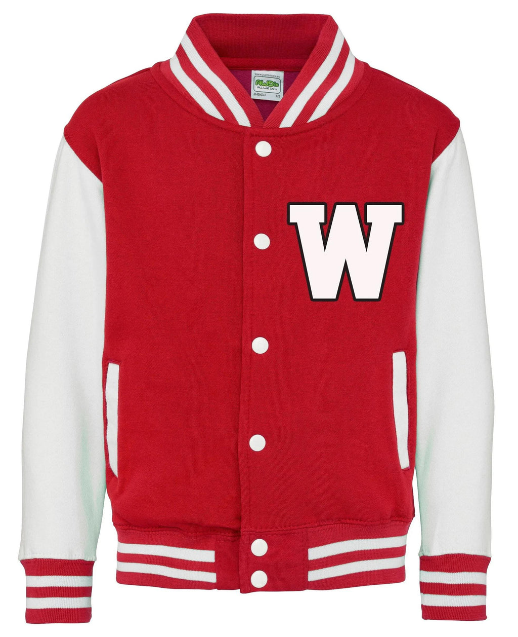Kids "W" Red & White Letterman Varsity Jacket Childrens College Baseball