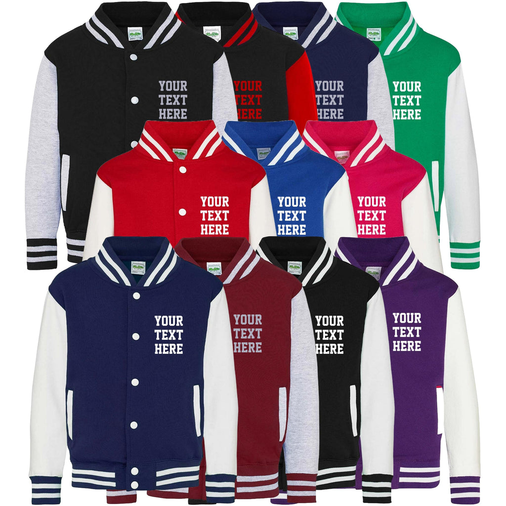 Personalised Text Kids Varsity Jacket Childrens Custom Name Letterman College Baseball