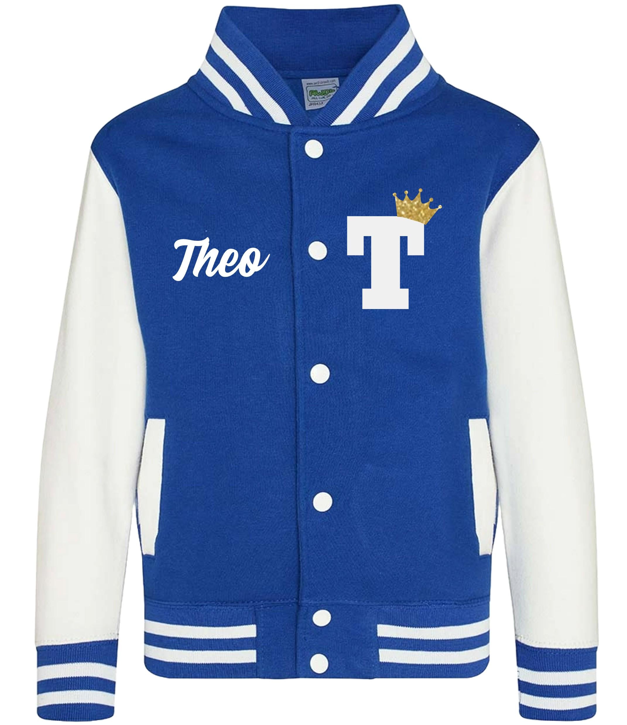 Kids Personalised Name & Initial Gold Glitter Crown Varsity Jacket Childrens College Baseball Letterman