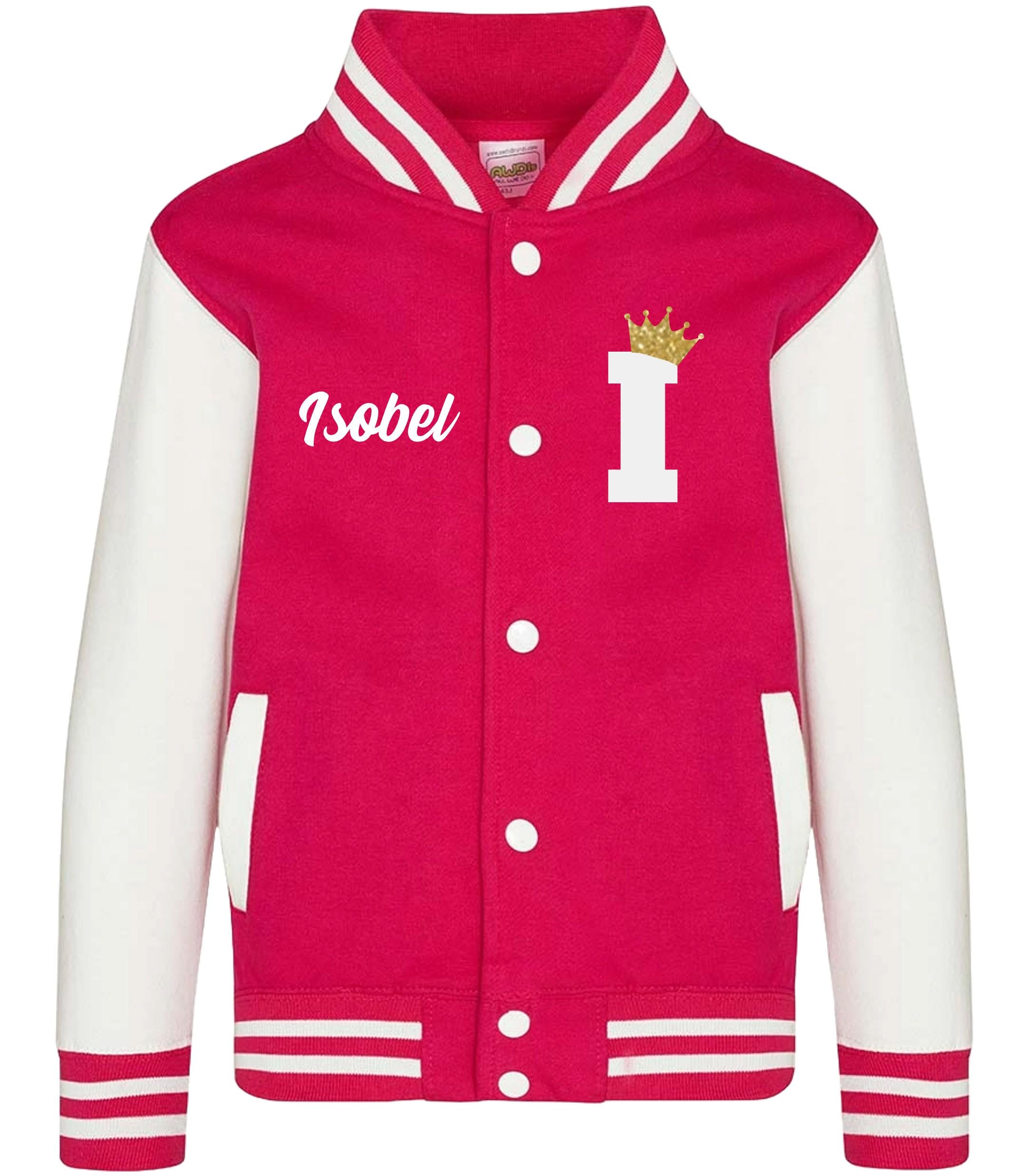 Kids Personalised Name & Initial Gold Glitter Crown Varsity Jacket Childrens College Baseball Letterman