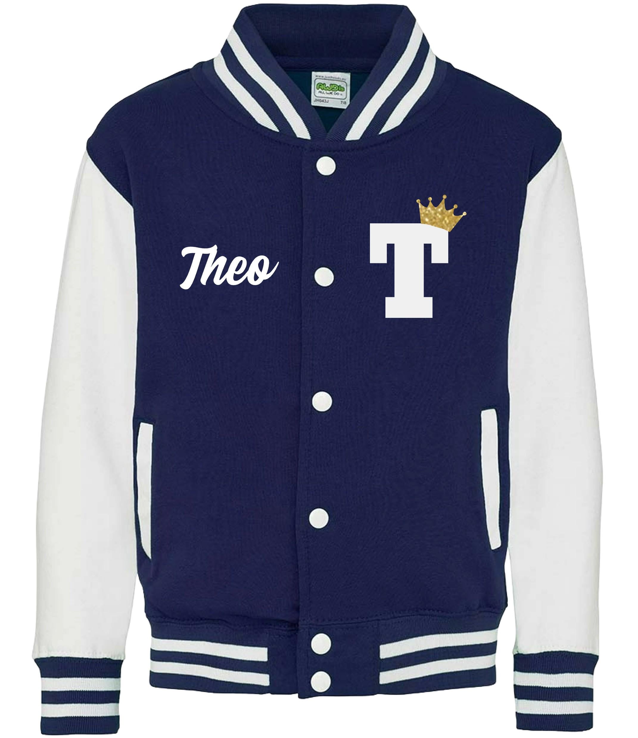 Kids Personalised Name & Initial Gold Glitter Crown Varsity Jacket Childrens College Baseball Letterman