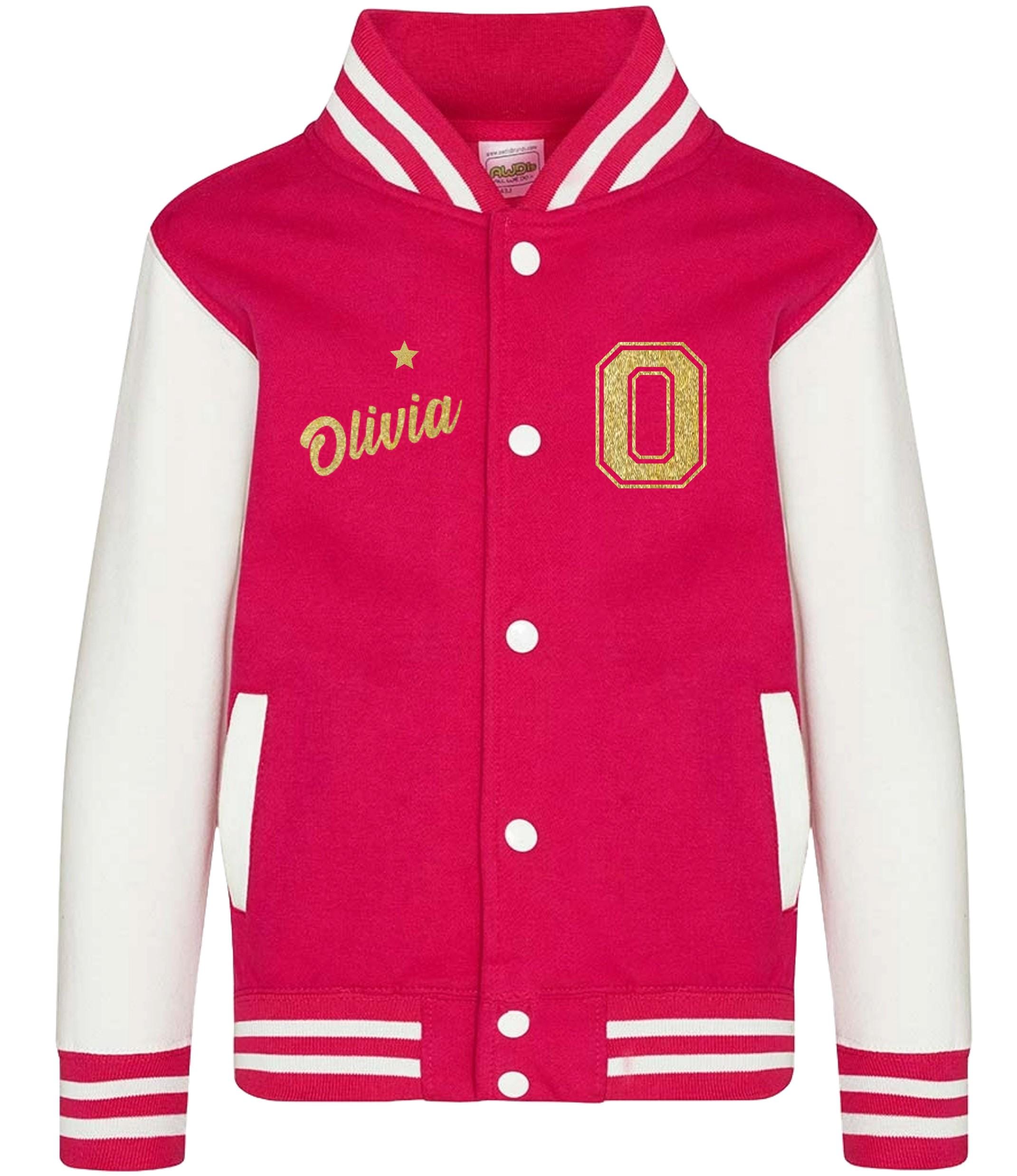 Personalised Name Initials Kids Varsity Jacket Gold Glitter Childrens Custom Letterman College Baseball