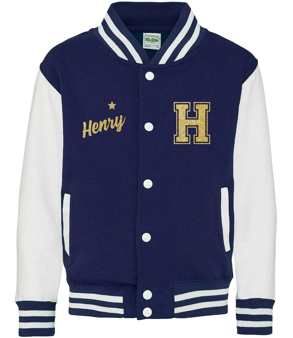 Personalised Name Initials Kids Varsity Jacket Gold Glitter Childrens Custom Letterman College Baseball