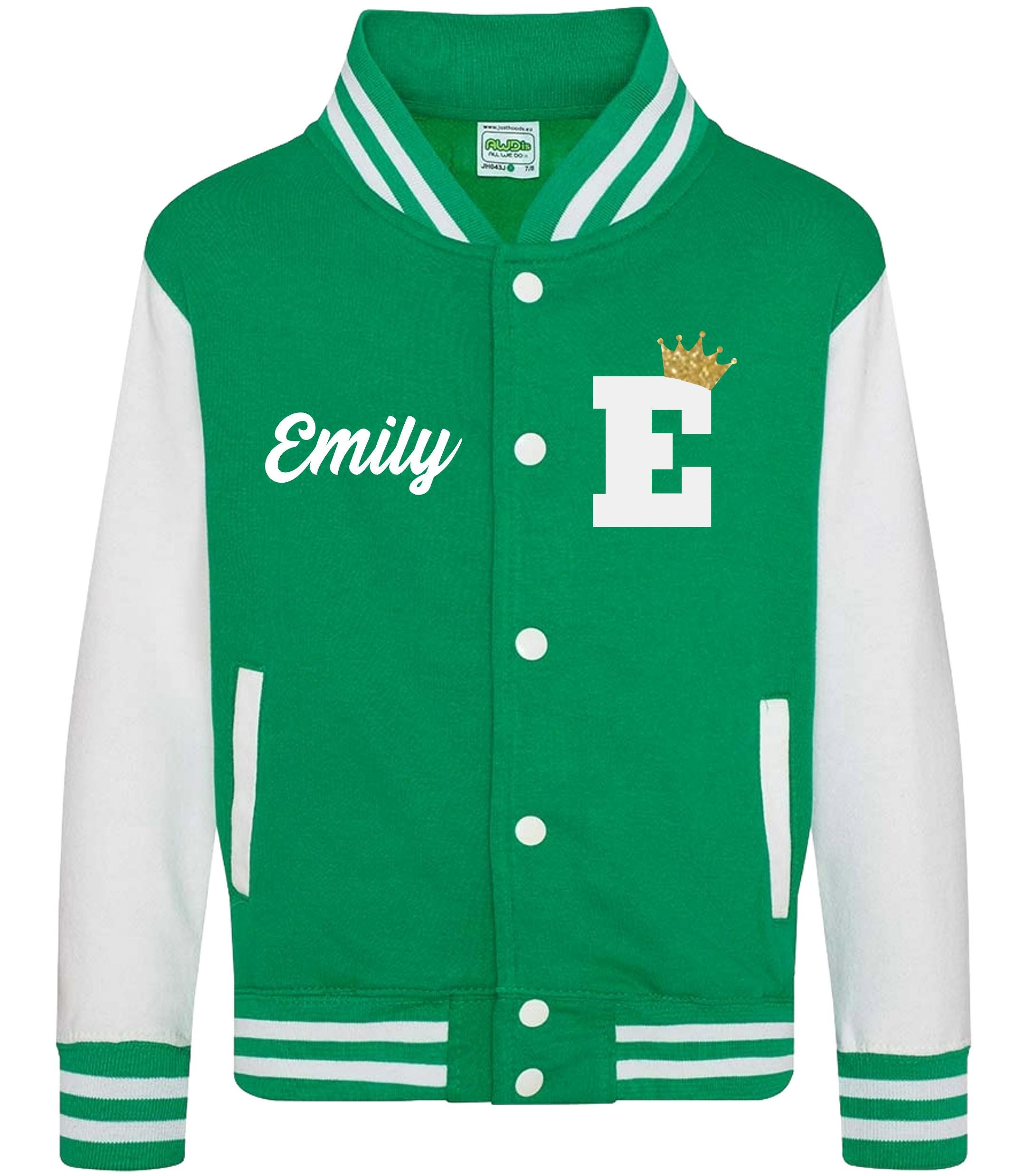 Adults Personalised Name & Initial Gold Glitter Crown Varsity Jacket College Baseball Letterman