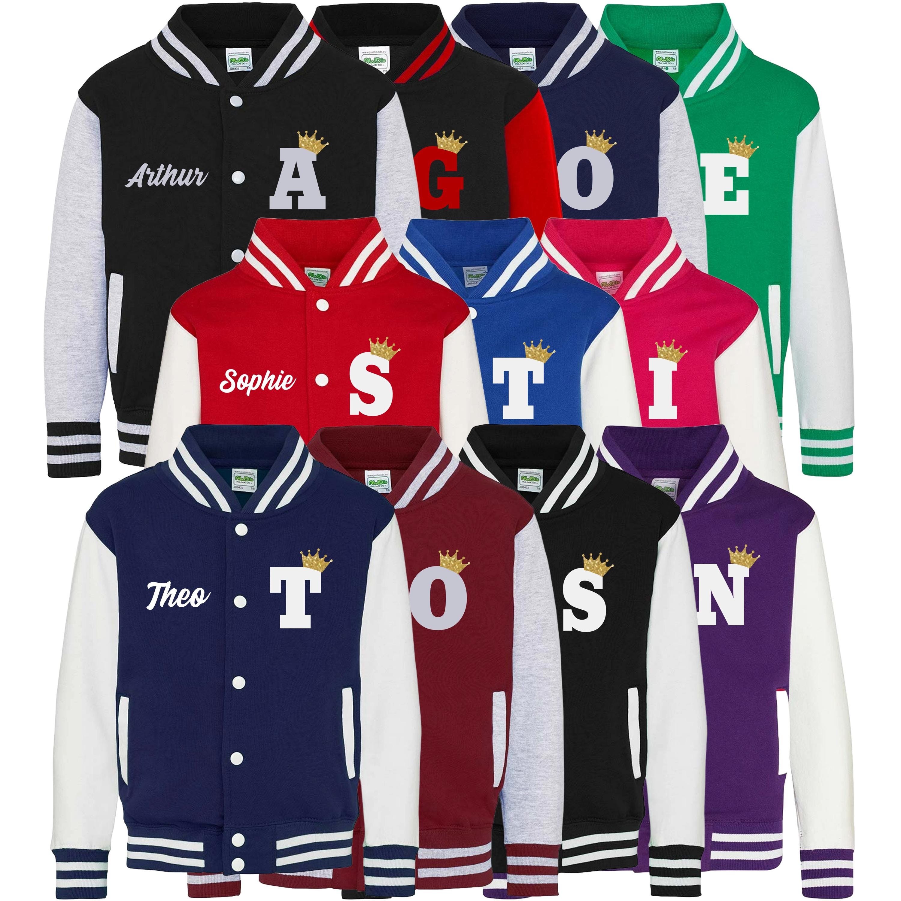 Adults Personalised Name & Initial Gold Glitter Crown Varsity Jacket College Baseball Letterman
