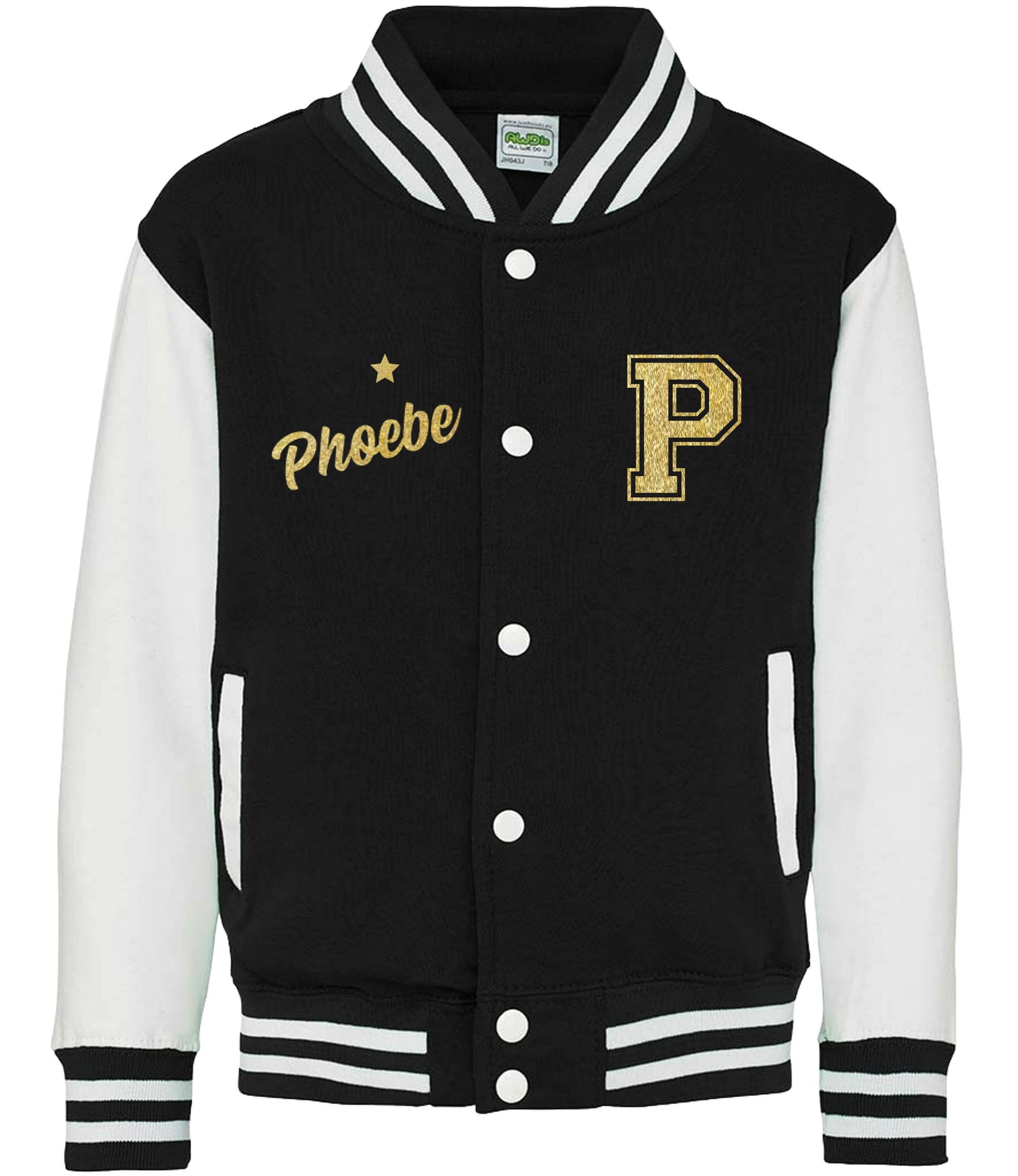 Personalised Name Initials Adults Varsity Jacket Gold Glitter Custom Letterman College Baseball