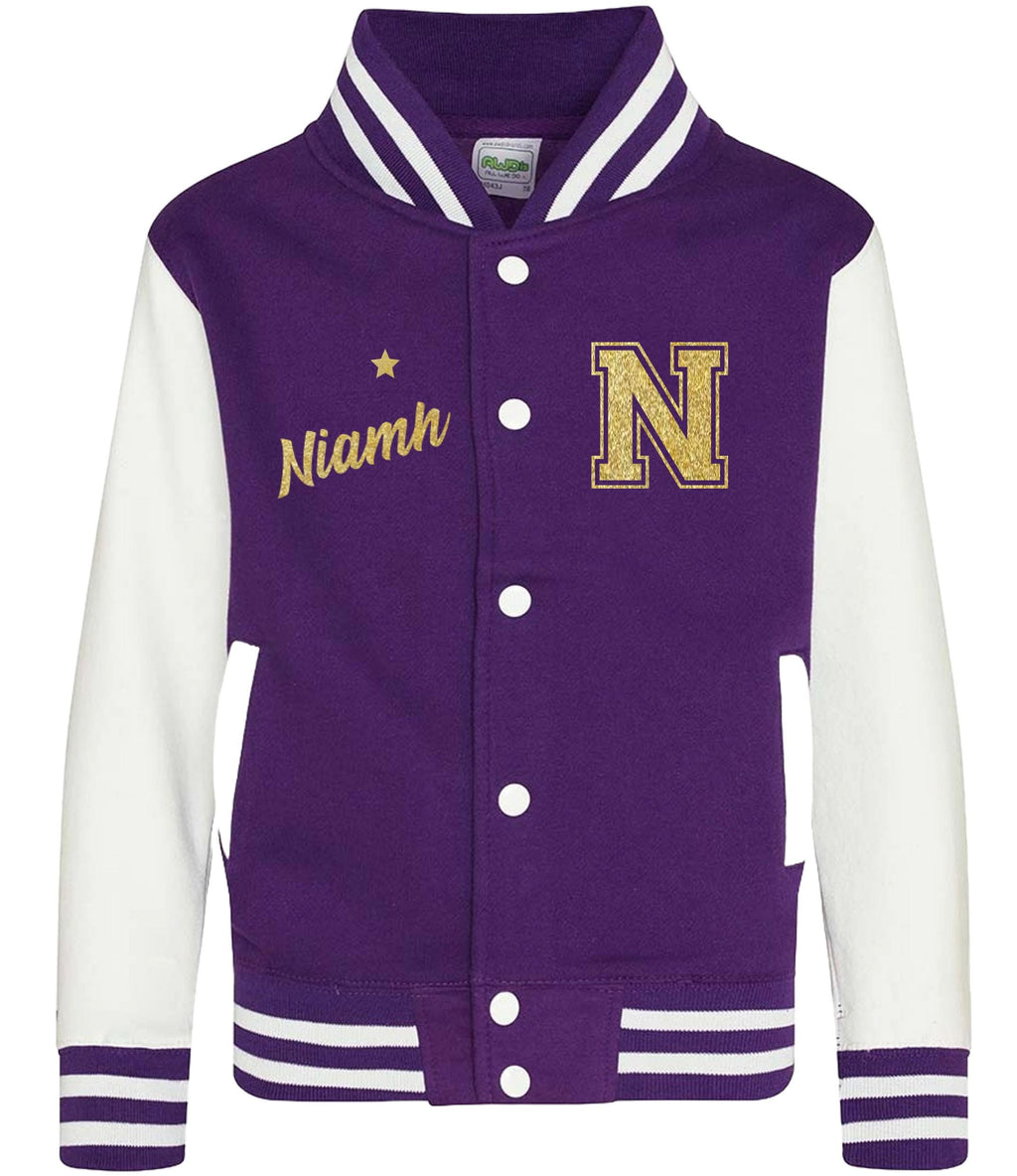 Personalised Name Initials Adults Varsity Jacket Gold Glitter Custom Letterman College Baseball