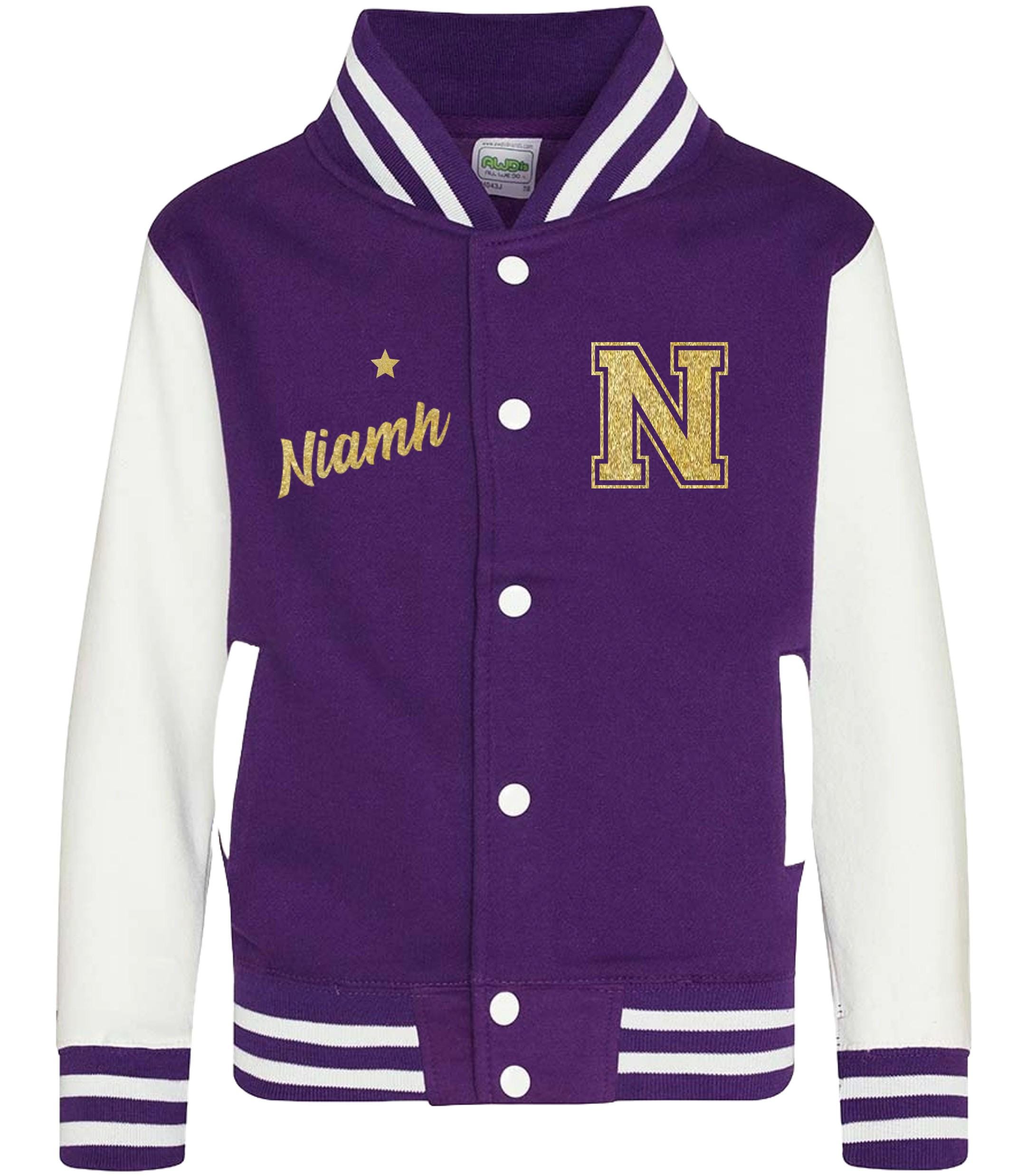 Personalised Name Initials Adults Varsity Jacket Gold Glitter Custom Letterman College Baseball