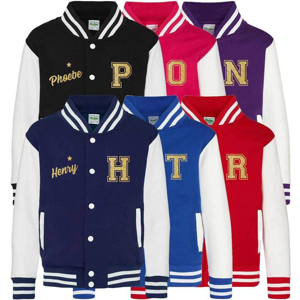 Personalised Name Initials Adults Varsity Jacket Gold Glitter Custom Letterman College Baseball