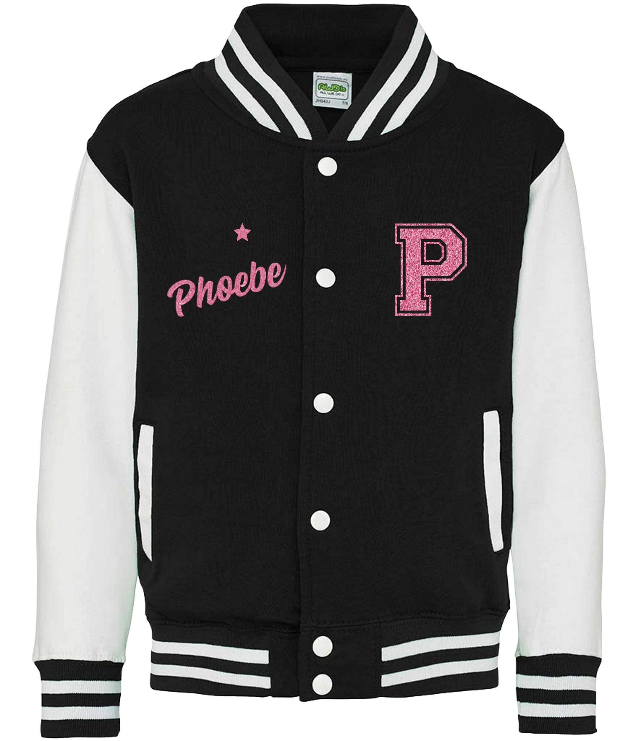 Personalised Name Initials Adults Varsity Jacket Pink Glitter Custom Letterman College Baseball