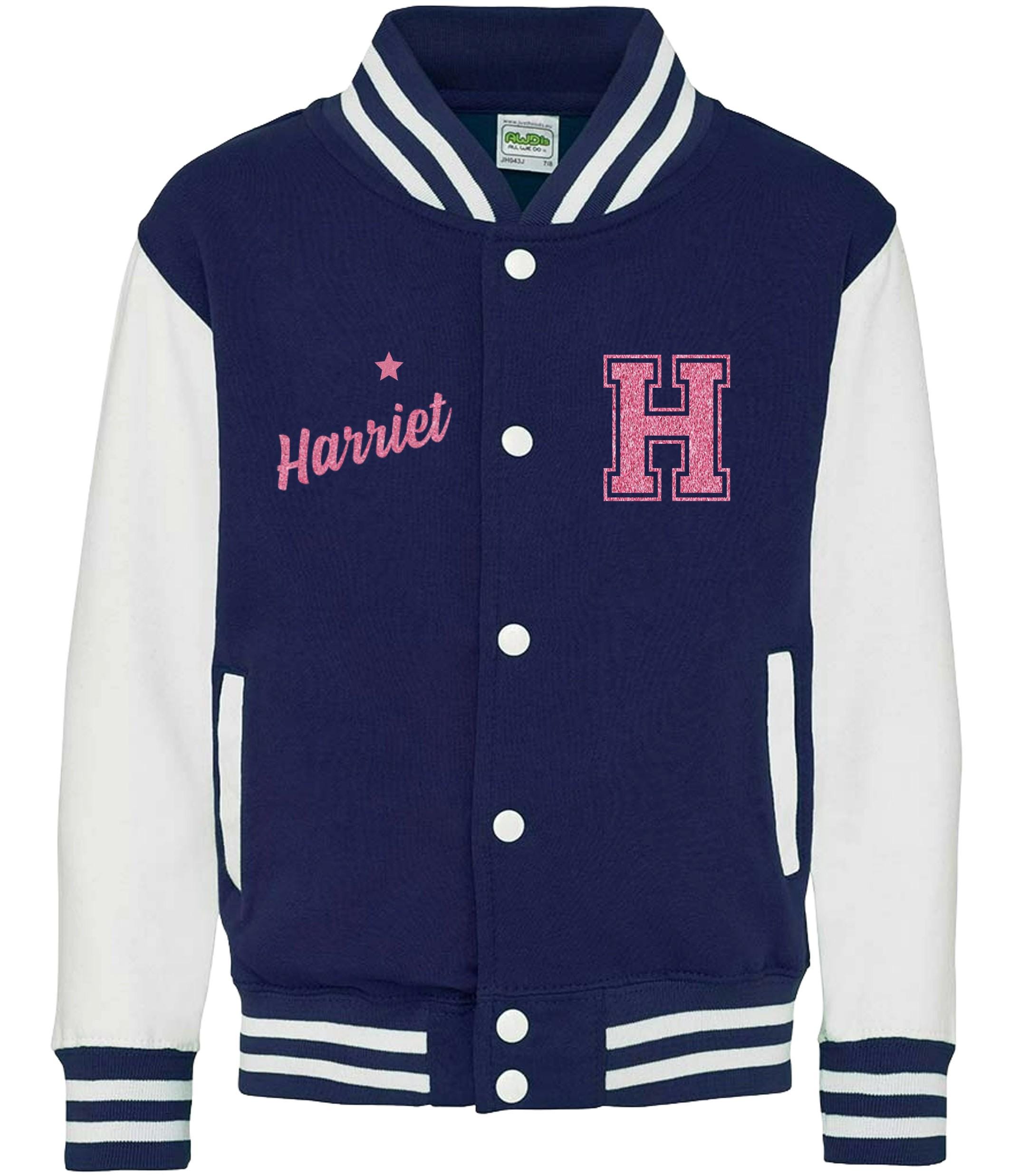 Personalised Name Initials Adults Varsity Jacket Pink Glitter Custom Letterman College Baseball