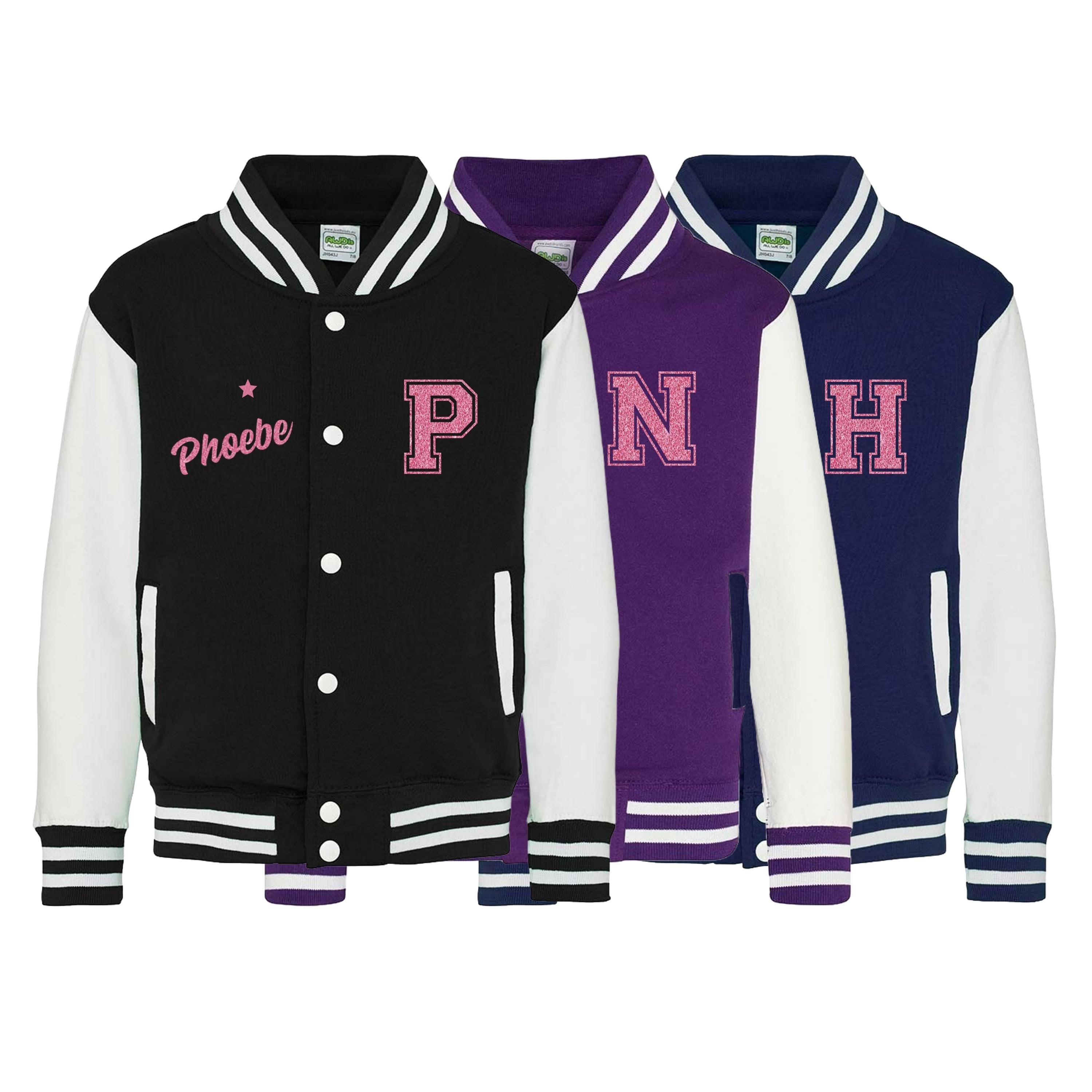 Personalised Name Initials Adults Varsity Jacket Pink Glitter Custom Letterman College Baseball