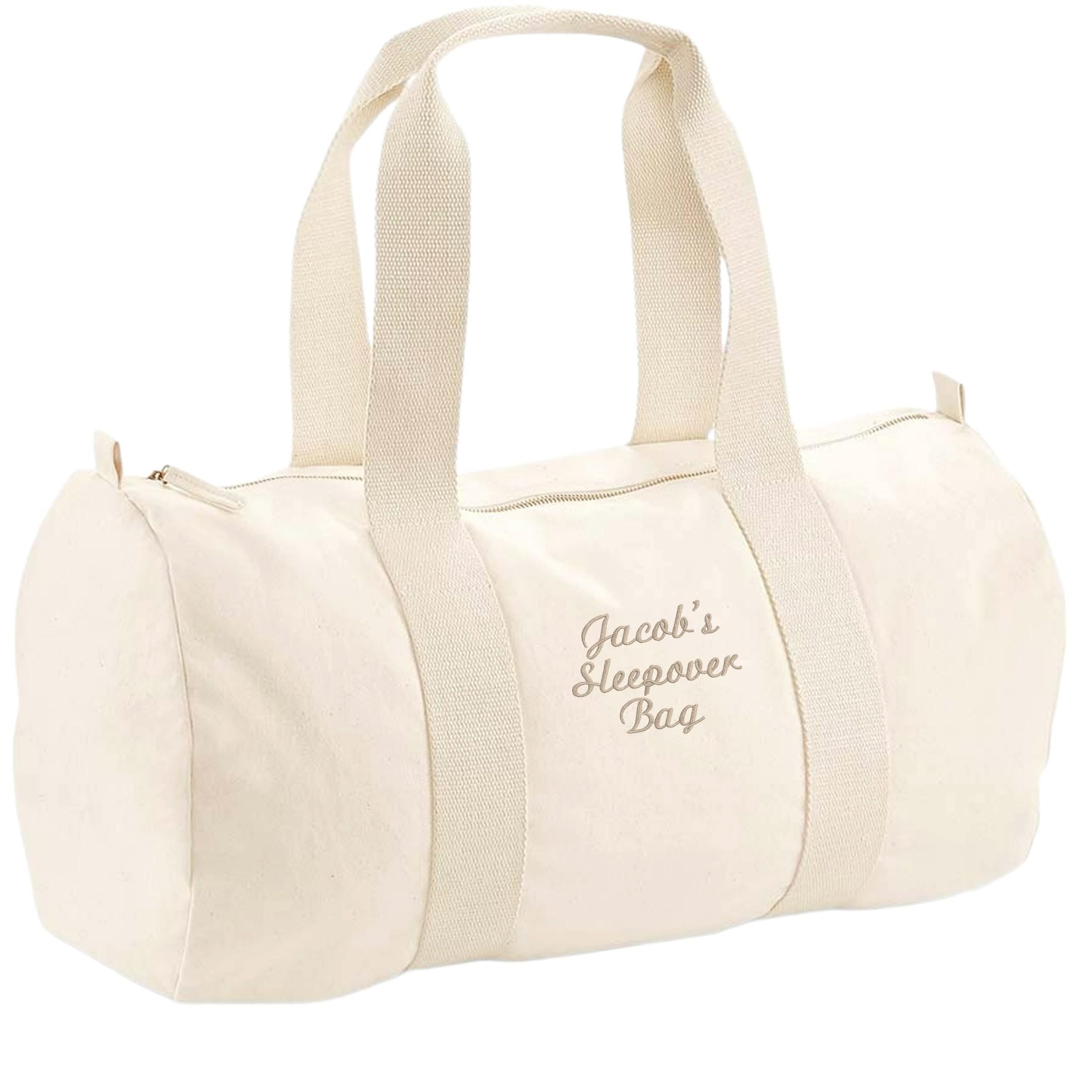 Embroidered Personalised Name Organic Cotton Barrel Bag Girls Boys Custom Sleepover Holdall