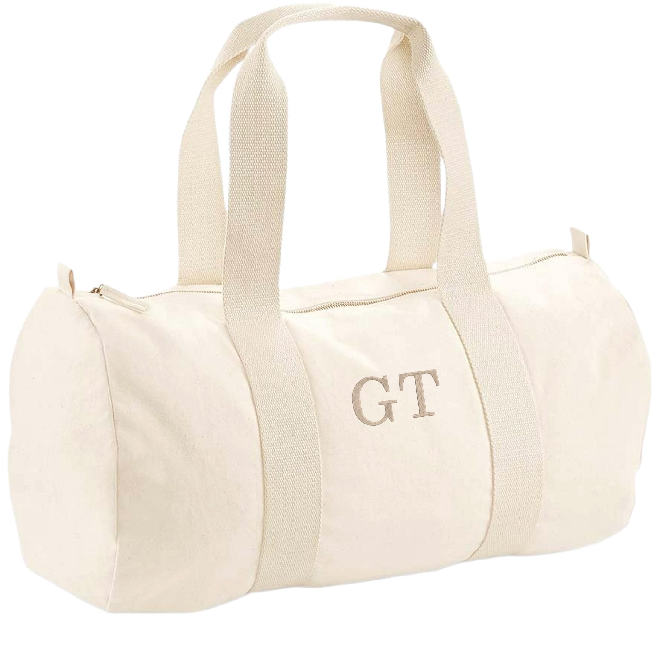 Embroidered Personalised Initials Organic Cotton Barrel Bag Girls Boys Custom Sleepover Holdall