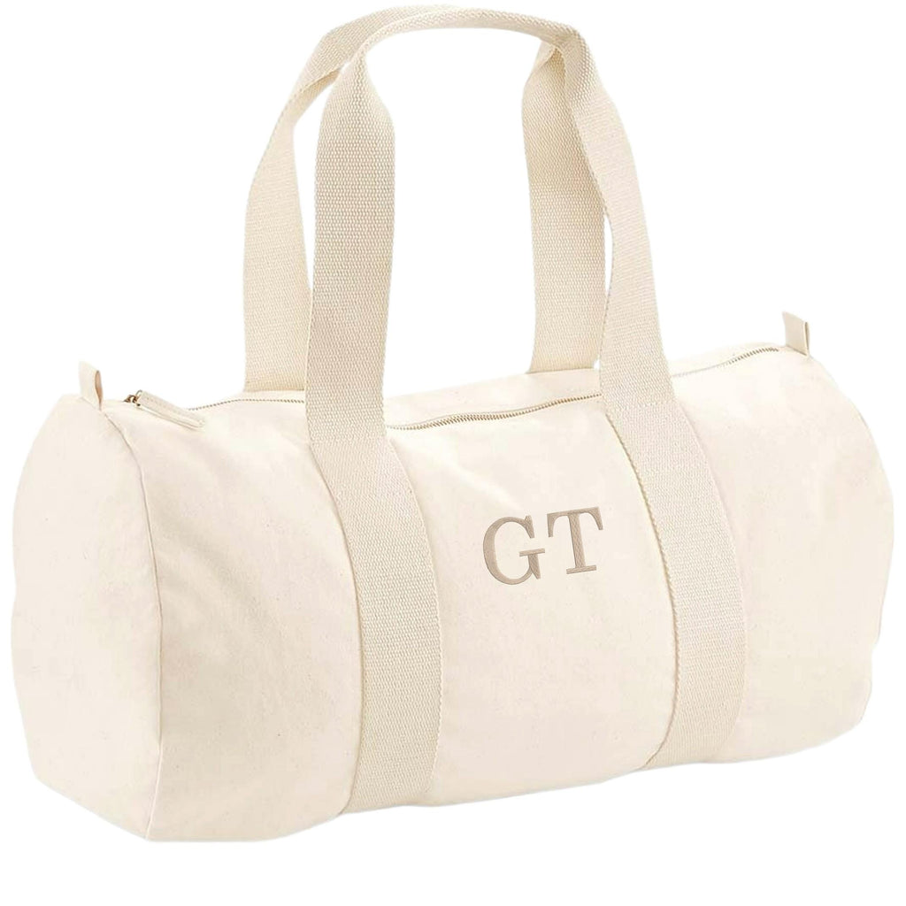 Embroidered Personalised Initials Organic Cotton Barrel Bag Girls Boys Custom Sleepover Holdall