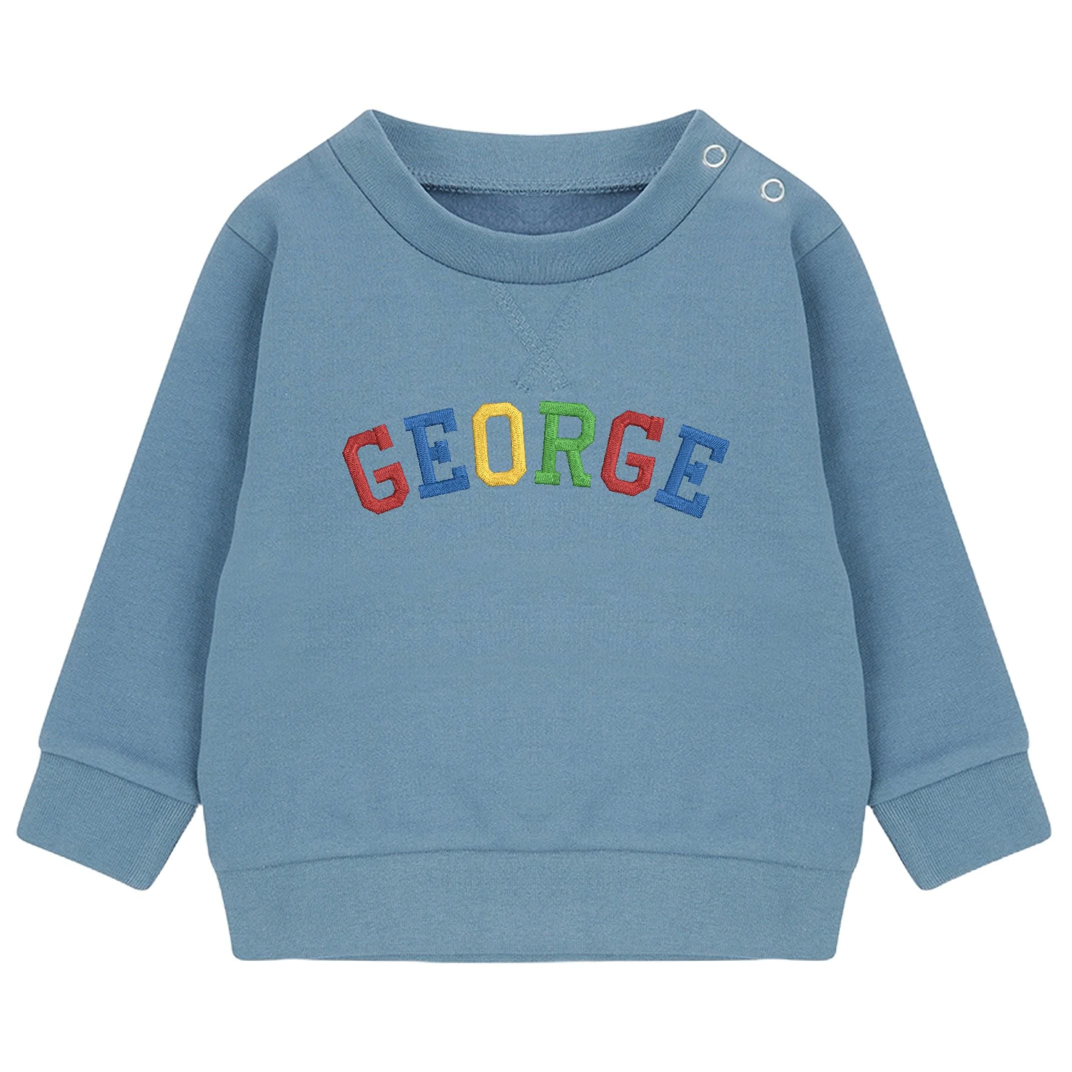 Embroidered Personalised Rainbow Varsity Name Sustainable Sweatshirts Boys & Girls Baby Toddler Custom Jumper Gift