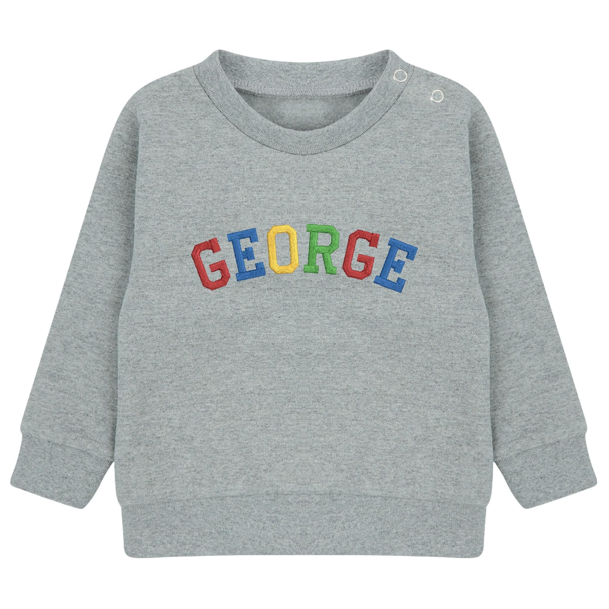 Embroidered Personalised Rainbow Varsity Name Sustainable Sweatshirts Boys & Girls Baby Toddler Custom Jumper Gift