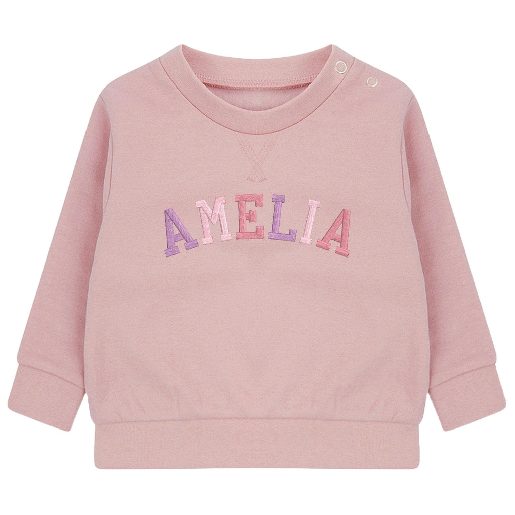Embroidered Personalised Pink Varsity Name Sustainable Sweatshirts Girls Baby Toddler Custom Jumper Gift