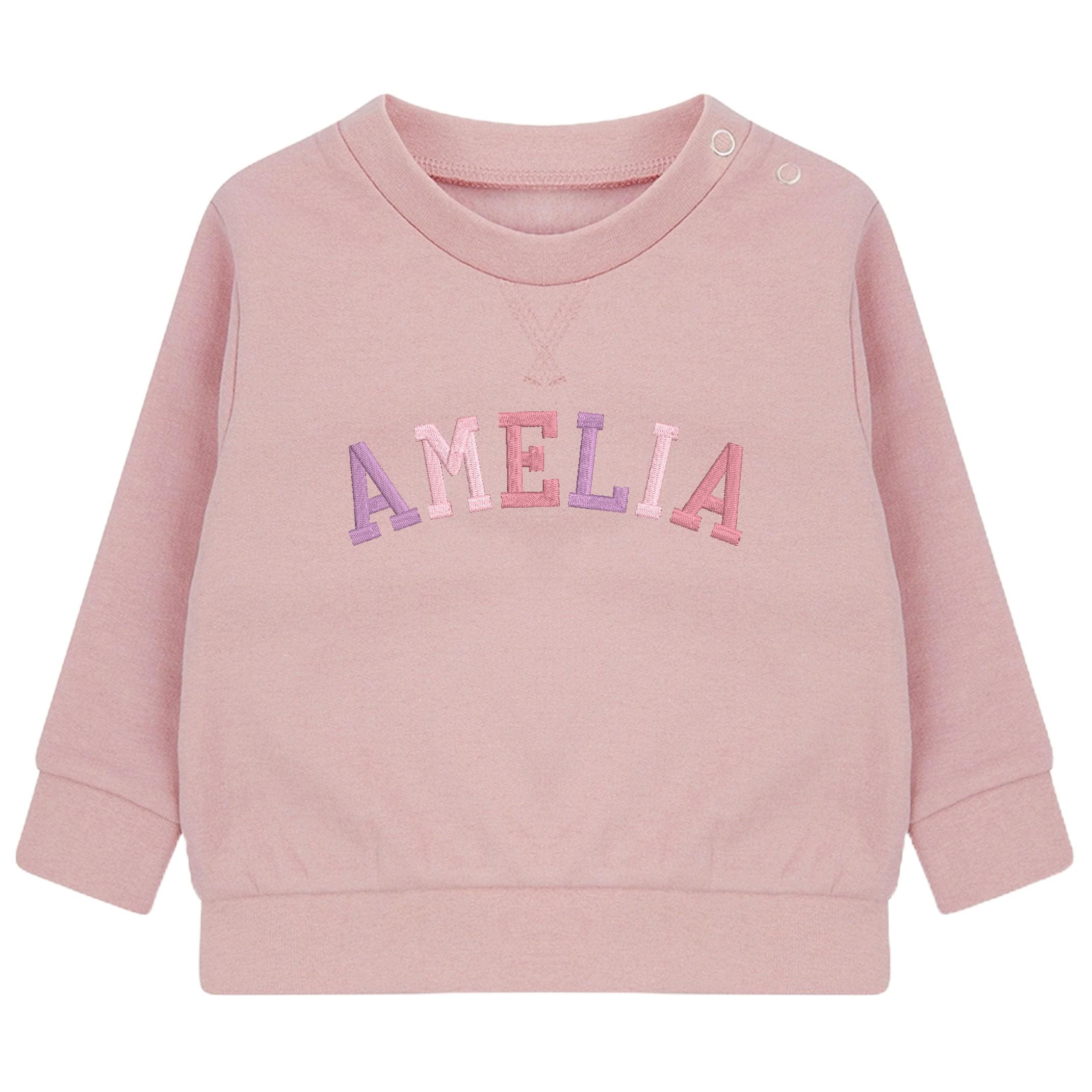 Embroidered Personalised Pink Varsity Name Sustainable Sweatshirts Girls Baby Toddler Custom Jumper Gift