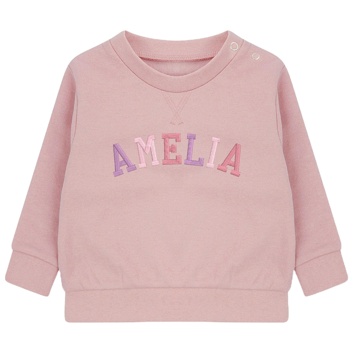 Embroidered Personalised Pink Varsity Name Sustainable Sweatshirts Girls Baby Toddler Custom Jumper Gift