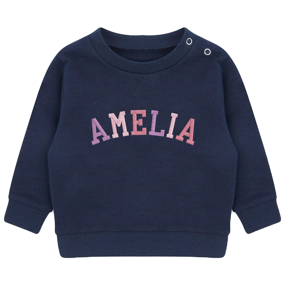 Embroidered Personalised Pink Varsity Name Sustainable Sweatshirts Girls Baby Toddler Custom Jumper Gift