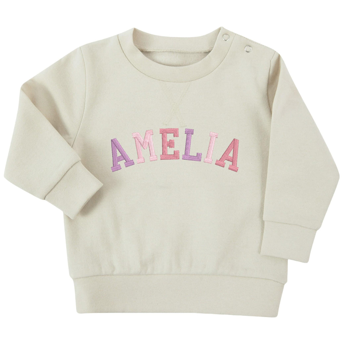 Embroidered Personalised Pink Varsity Name Sustainable Sweatshirts Girls Baby Toddler Custom Jumper Gift