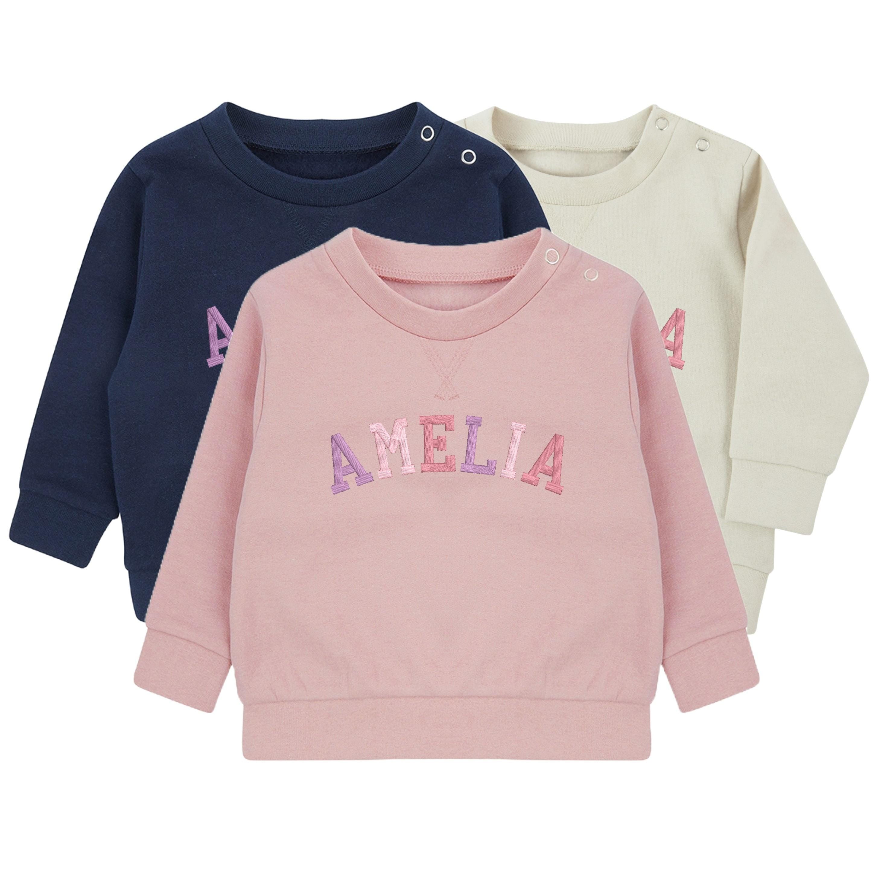 Embroidered Personalised Pink Varsity Name Sustainable Sweatshirts Girls Baby Toddler Custom Jumper Gift