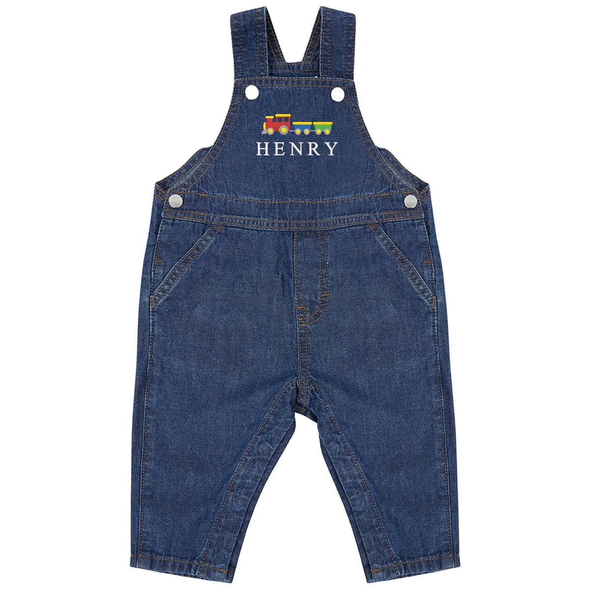 Embroidered Train Personalised Name Baby & Toddler Cotton Denim Dungarees Custom Text Boys Gift
