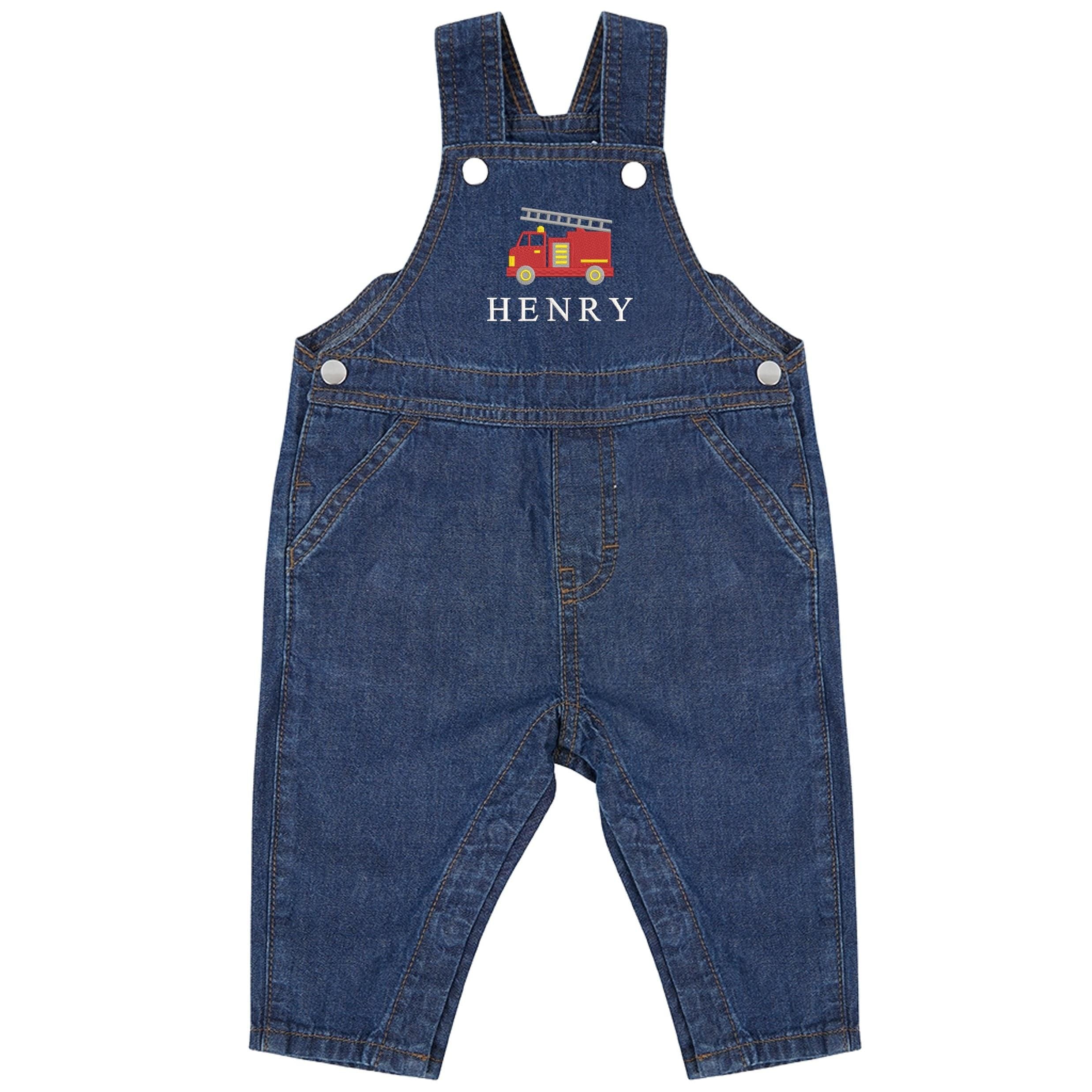 Embroidered Fire Engine Truck Personalised Name Baby & Toddler Cotton Denim Dungarees Custom Text Boys Gift