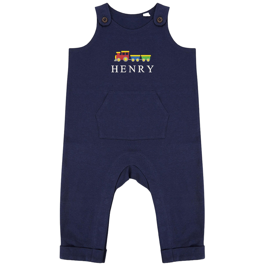 Embroidered Train Personalised Name Baby & Toddler Organic Cotton Dungarees Custom Text Boys Gift