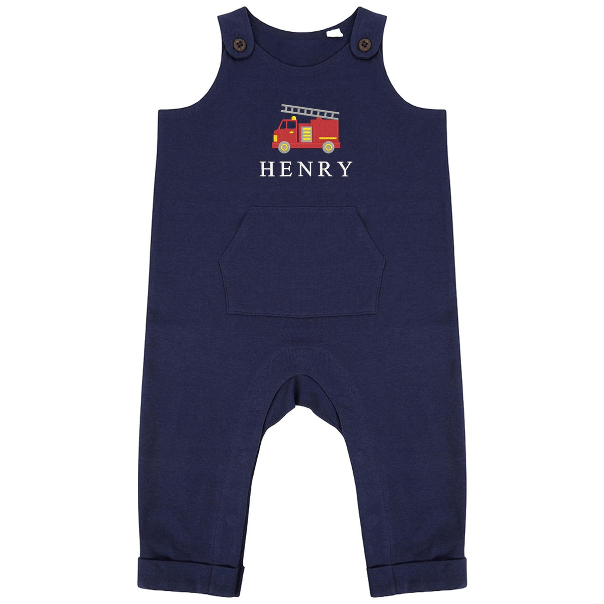 Embroidered Fire Engine Truck Personalised Name Baby & Toddler Organic Cotton Dungarees Custom Text Boys Gift