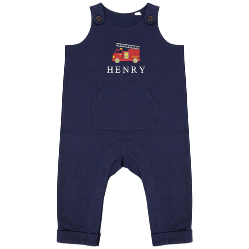 Embroidered Fire Engine Truck Personalised Name Baby & Toddler Organic Cotton Dungarees Custom Text Boys Gift