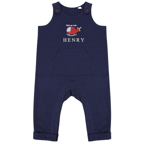 Embroidered Helicopter Personalised Name Baby & Toddler Organic Cotton Dungarees Custom Text Boys Gift