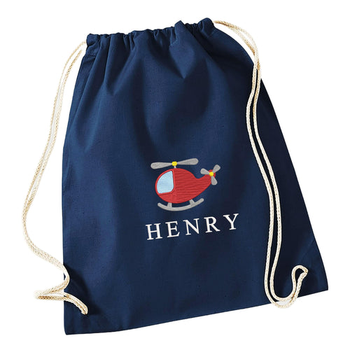 Embroidered Helicopter Boys Personalised Name Cotton Gymsac Custom Text School PE Bag Nursery Bag