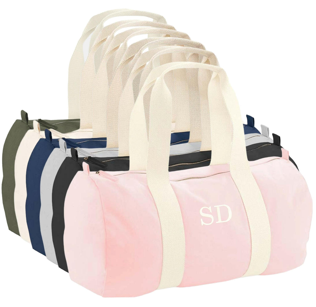 Embroidered Personalised Initials Organic Cotton Barrel Bag Girls Boys Custom Sleepover Holdall