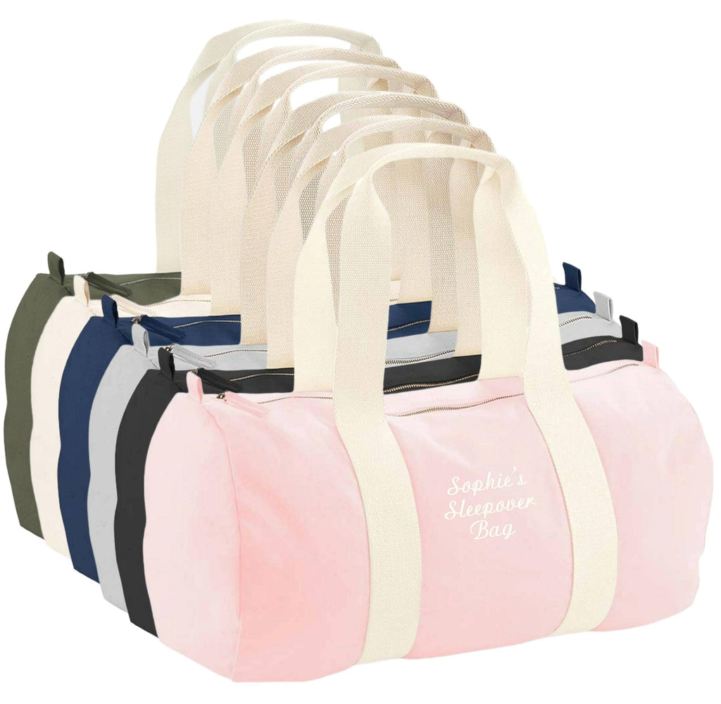 Embroidered Personalised Name Organic Cotton Barrel Bag Girls Boys Custom Sleepover Holdall