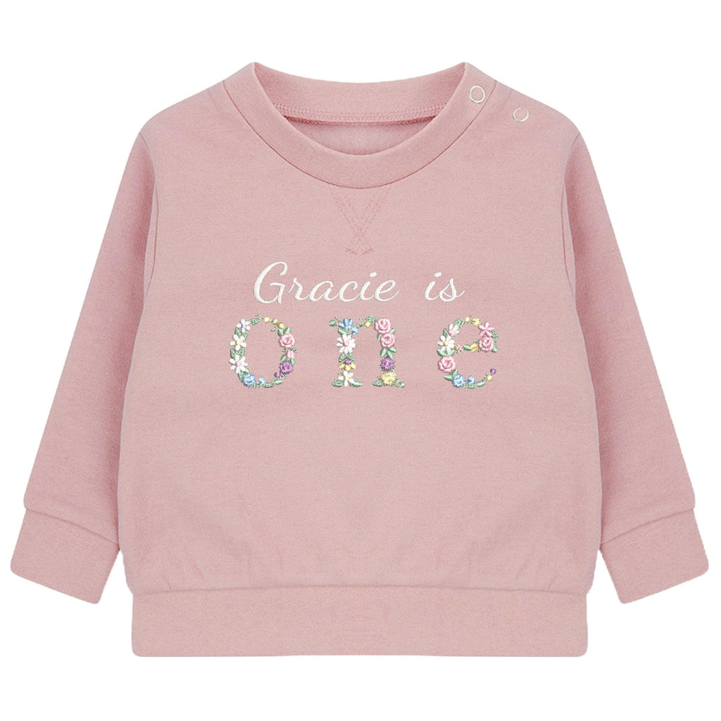 Embroidered Personalised Name Is One Floral Baby and Toddler Girls Pink Sustainable Sweatshirts 1st Birthday Party Outfit Gift