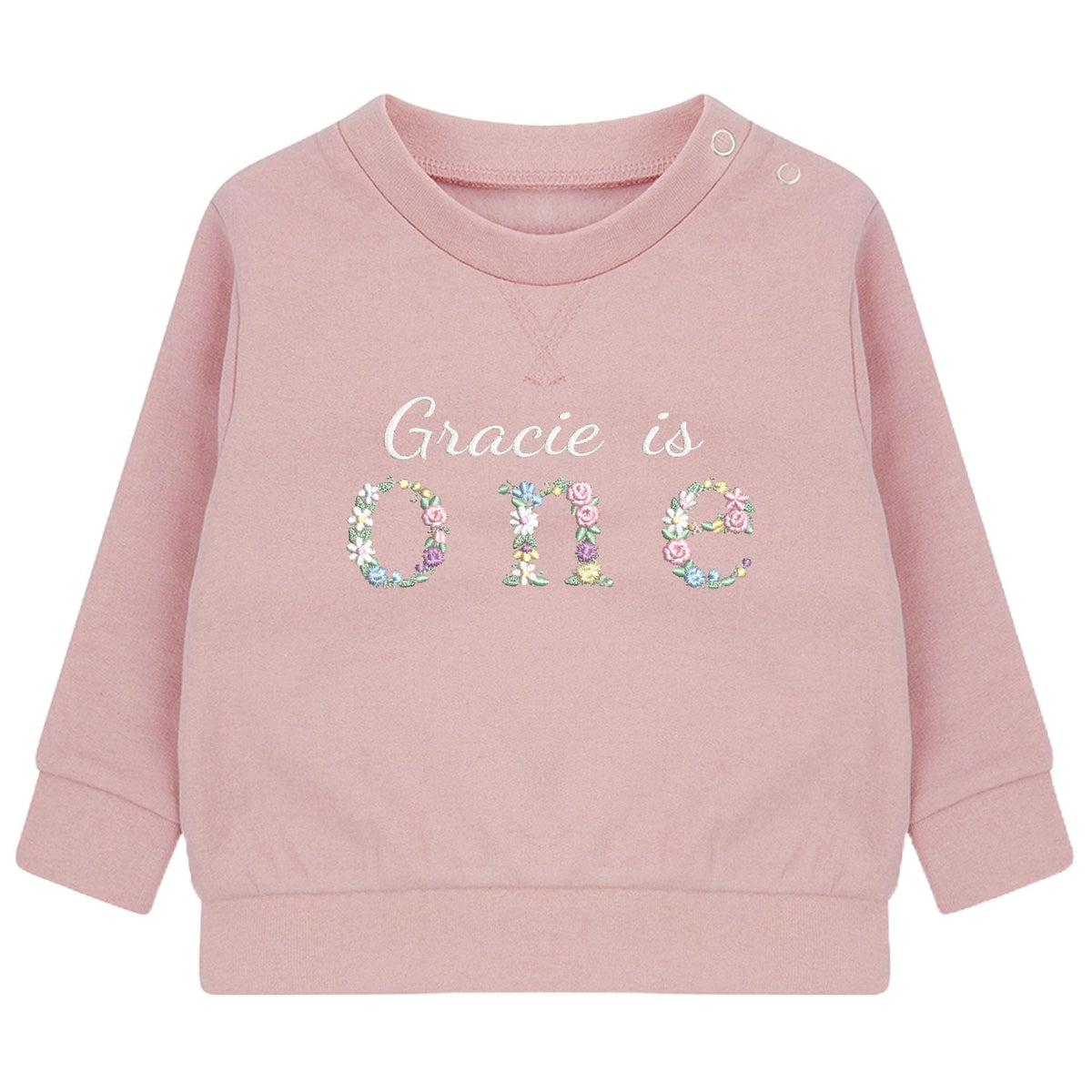 Embroidered Personalised Name Is One Floral Baby and Toddler Girls Pink Sustainable Sweatshirts 1st Birthday Party Outfit Gift
