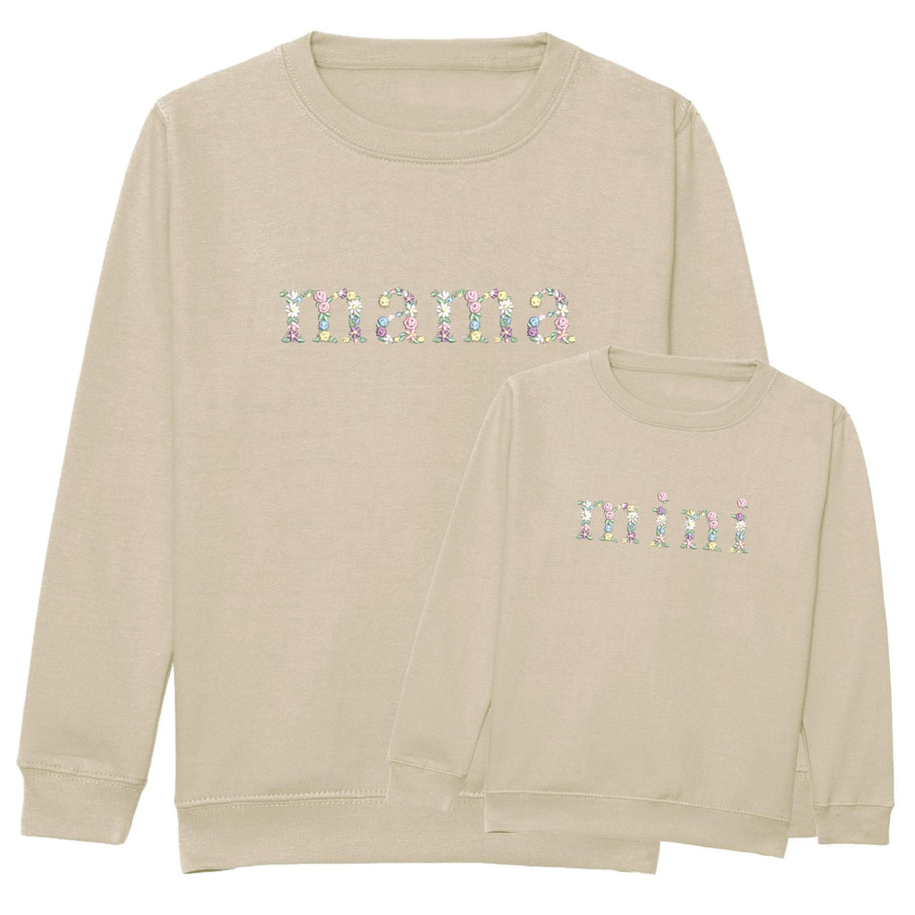 Embroidered Mama & Mini Floral Sweatshirts Sand Matching Mummy Daughter Twinning Outfits