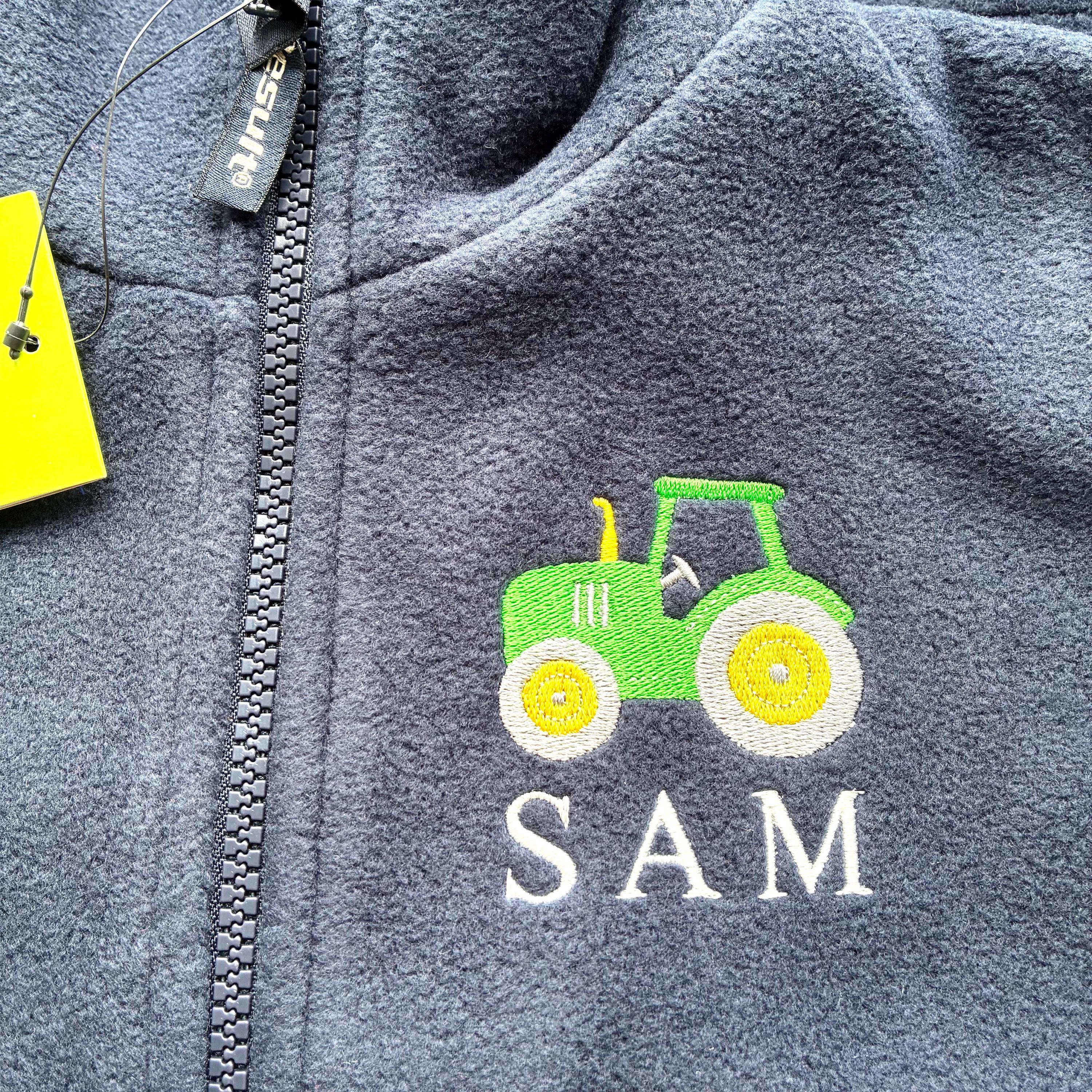 Embroidered Tractor Personalised Name Boys Fleece Bodywarmer Navy Kids Custom Text Jacket Farm Coat