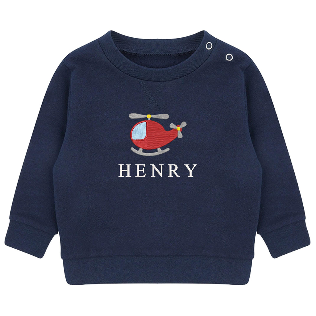 Embroidered Helicopter Personalised Name Boys Sustainable Sweatshirt Baby & Toddler Custom Jumper Gift