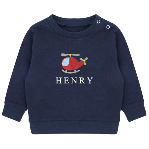 Embroidered Helicopter Personalised Name Boys Sustainable Sweatshirt Baby & Toddler Custom Jumper Gift