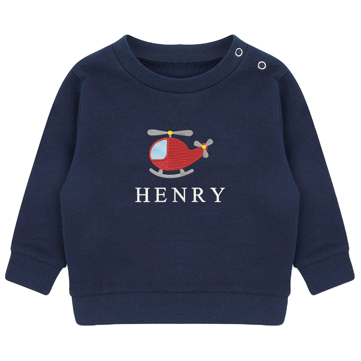 Embroidered Helicopter Personalised Name Boys Sustainable Sweatshirt Baby & Toddler Custom Jumper Gift