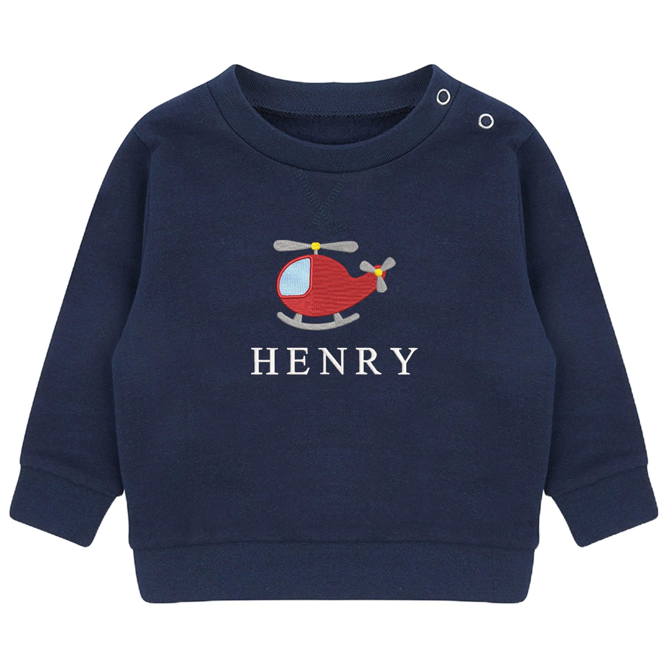 Embroidered Helicopter Personalised Name Boys Sustainable Sweatshirt Baby & Toddler Custom Jumper Gift