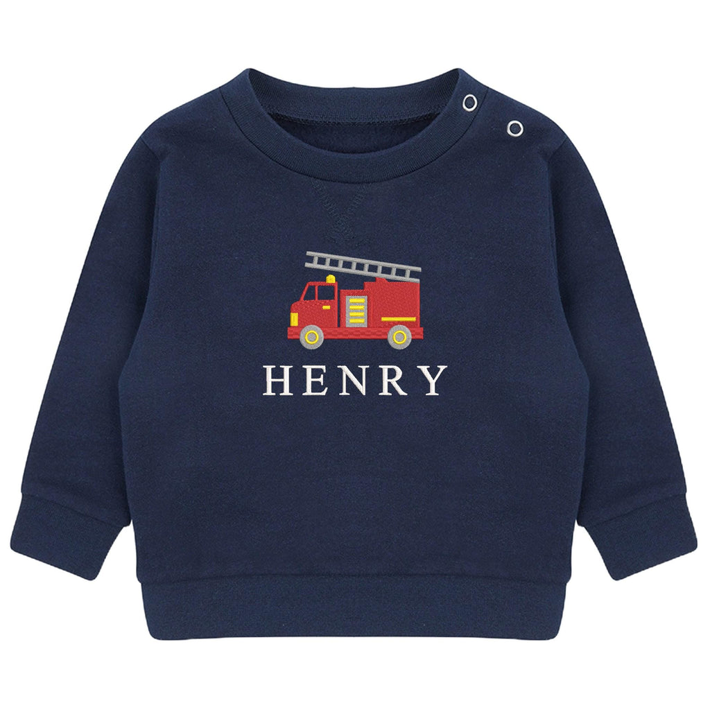 Embroidered Fire Engine Truck Personalised Name Boys Sustainable Sweatshirt Baby & Toddler Custom Jumper Gift