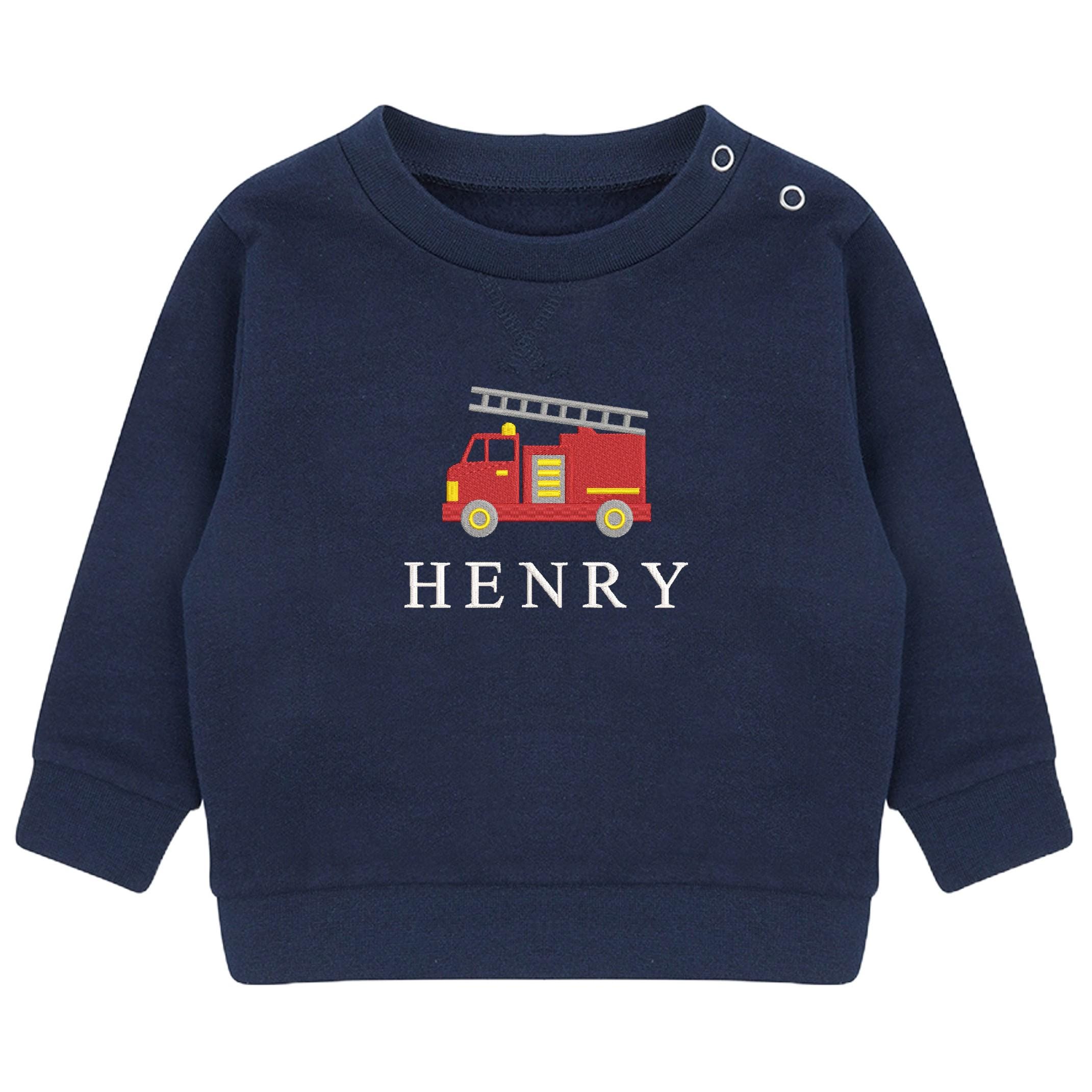 Embroidered Fire Engine Truck Personalised Name Boys Sustainable Sweatshirt Baby & Toddler Custom Jumper Gift
