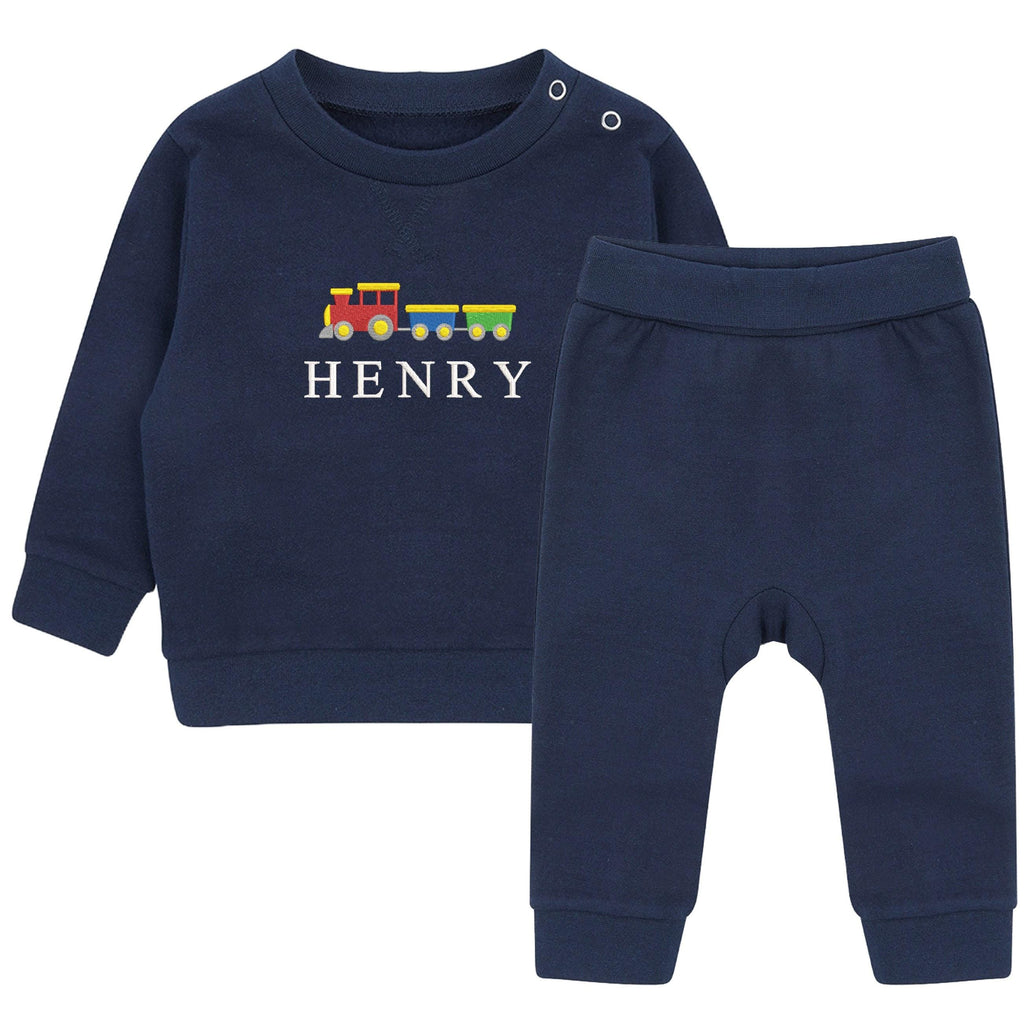 Embroidered Train Personalised Name Boys Sustainable Sweatshirt and Joggers Set Baby Toddler Outfit